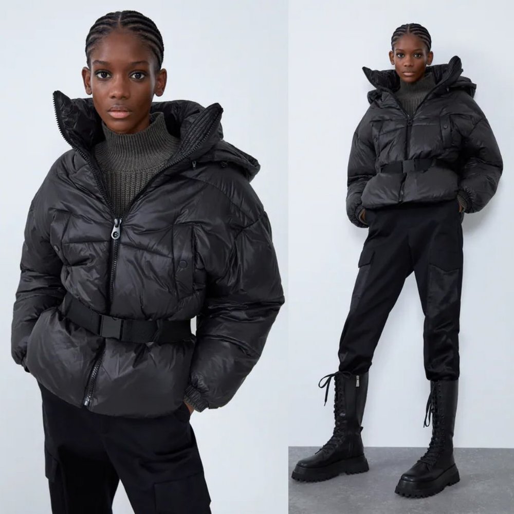 NEW Zara Black Sorona Dupont Removable Hood Soft Cozy Puffer Jacket with Belt - Picture 7 of 9